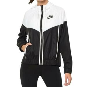 Nike Hooded Windbreaker Sportswear Jacket Womens SZ S Black White Full Zip